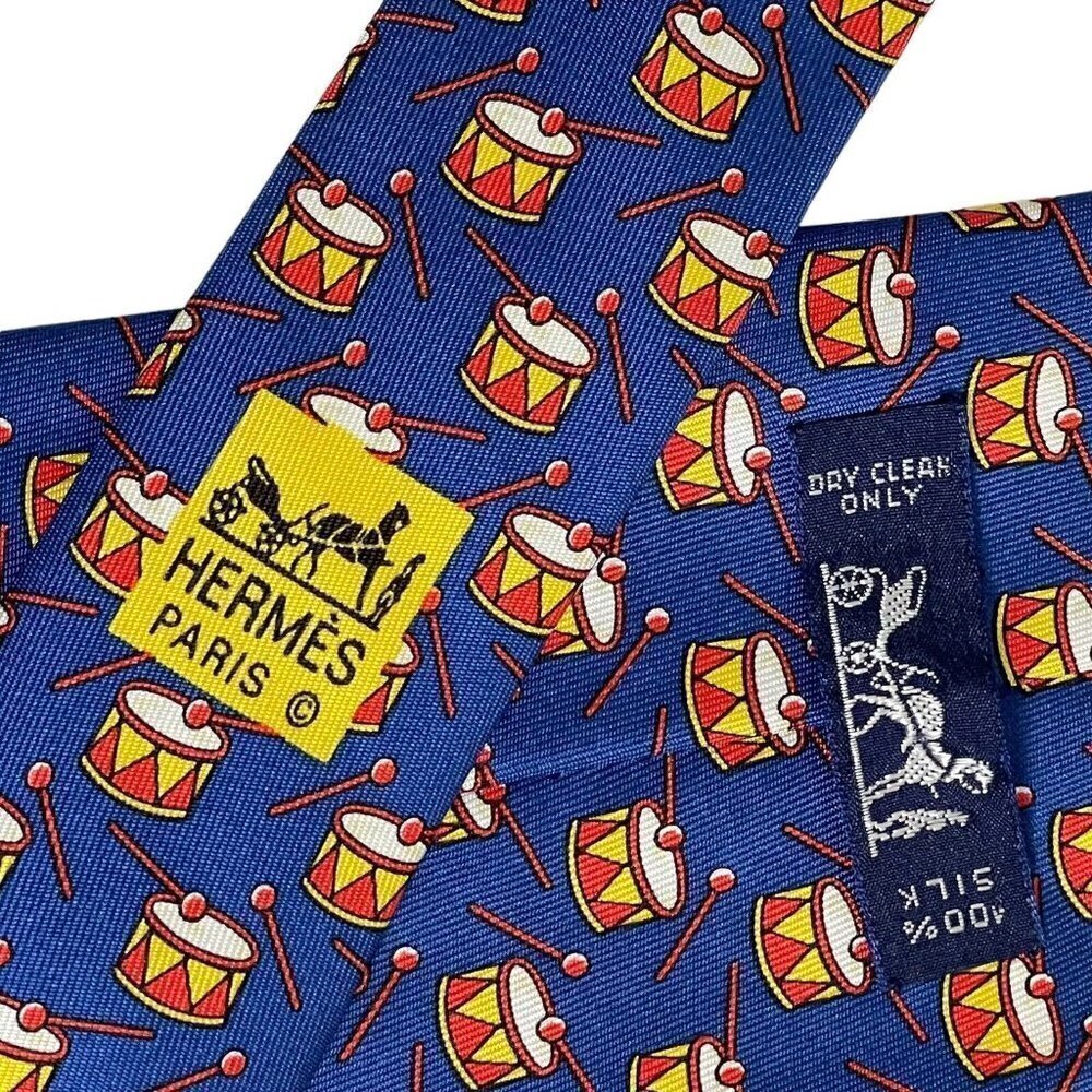 Hermes‎ Designer Silk Necktie Blue Novelty Print Snare Drums 7565 SA France - Picture 6 of 6